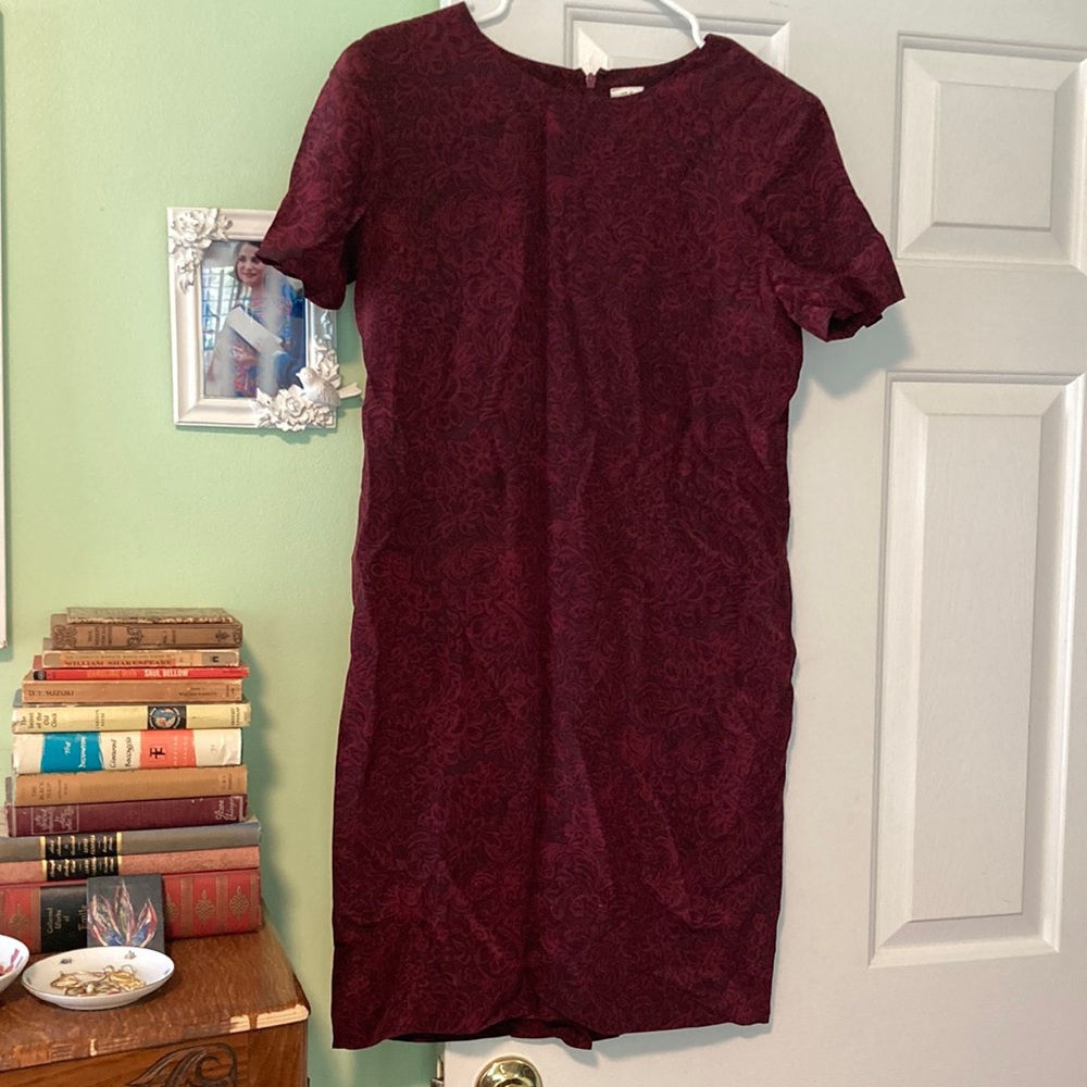 Vintage 100% silk Liz Claiborne dark red floral print shift dress size 4